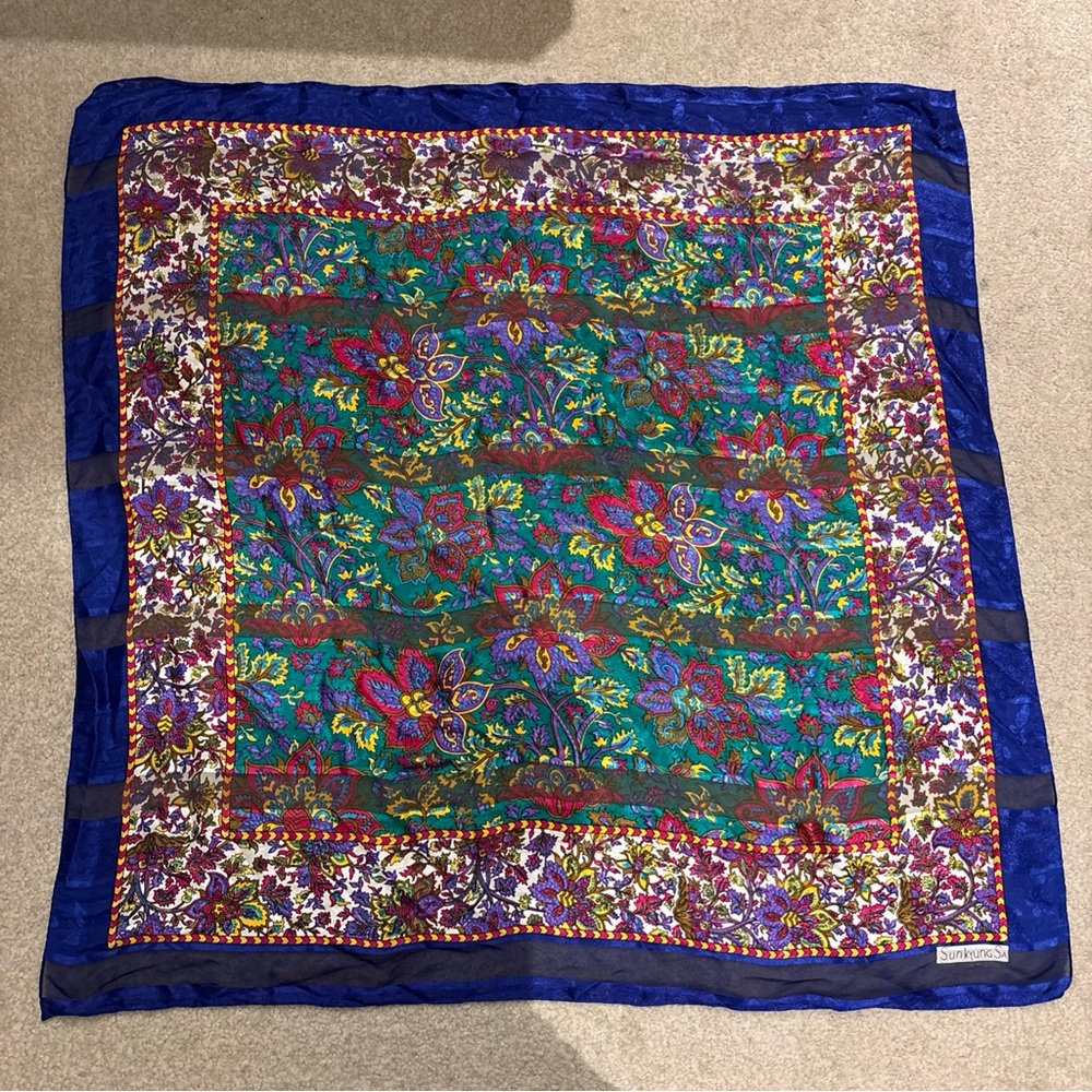 100% Silk Scarf Dark Blue Floral Pattern Square 33.5 in x 35.5 in SunKyung Sa